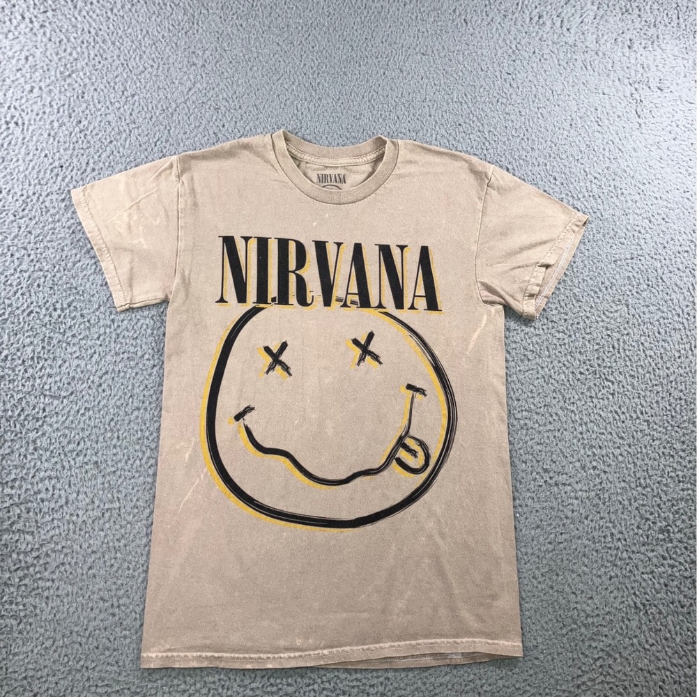 Nirvana Graphic T-Shirt S‎ Tan Smiley Face Logo Acid Wash Grunge Alt Earth Tone
